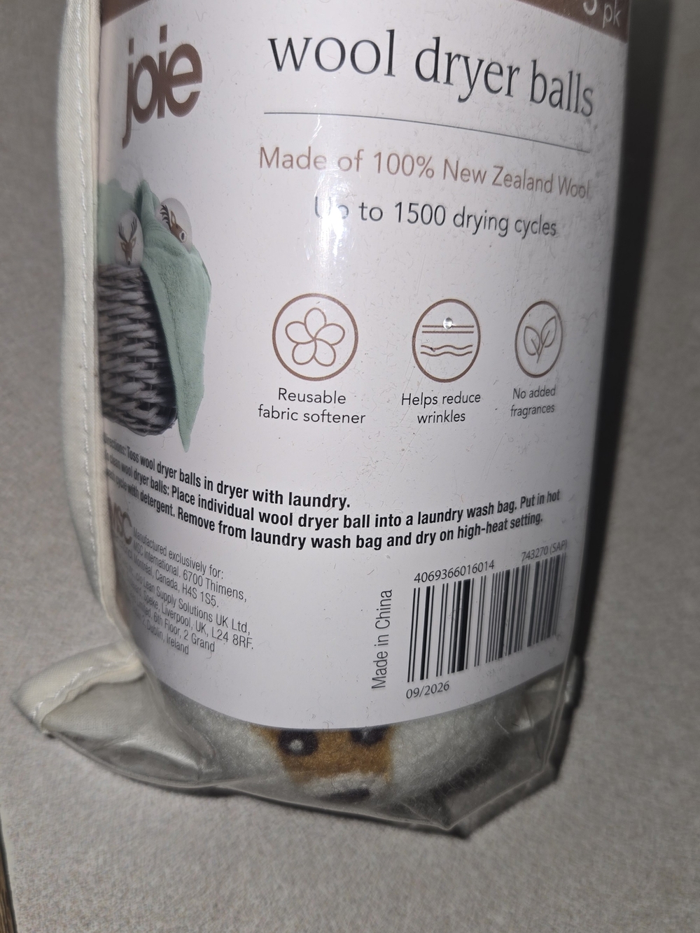 Joie Wool Dryer Balls in Cream With Reindeer Desigb